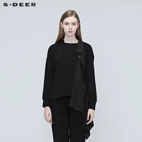 sdeer圣迪奥春装女装拼接条纹设计罗纹黑色长袖宽松卫衣S20382217图片