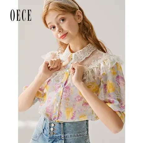 Oece春夏装新款女装 甜心复古法式蕾丝花边翻领印花雪纺上衣商品大图