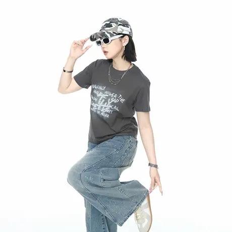 2025夏季新款正肩短袖T恤女字母印花美式辣妹风修身短款半袖上衣商品大图