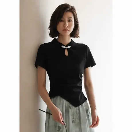 弥古黑色短袖t恤显瘦新中式国风女装夏季薄款针织修身不规则上衣商品大图