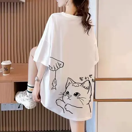 纯棉短袖t恤女2024新款夏季中长款设计感小众卡通体恤上衣ins潮牌图片