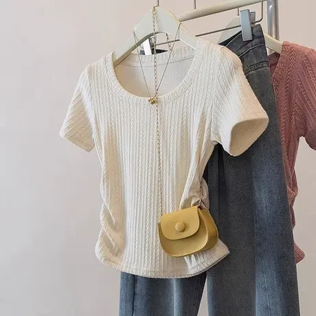 褶皱肌理感短袖T恤女夏季新款修身韩版短款正肩紧身收腰半袖上衣图片