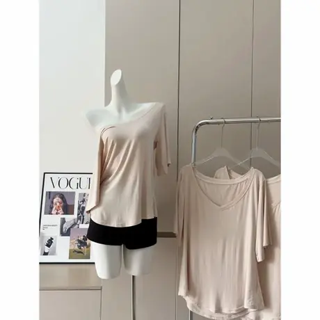 V领软糯宽松版T恤女春夏百搭基础款短袖纯欲小众夏季韩版纯色上衣商品大图