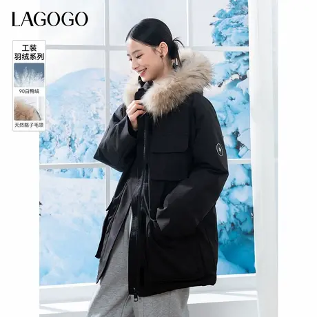 lagogo拉谷谷2024年新款显瘦工装风带毛领保暖羽绒女NCYY339G38商品大图