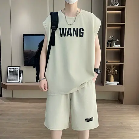 夏季新款无袖t恤男士套装宽松背心冰丝运动衣服帅气穿搭一整套潮图片