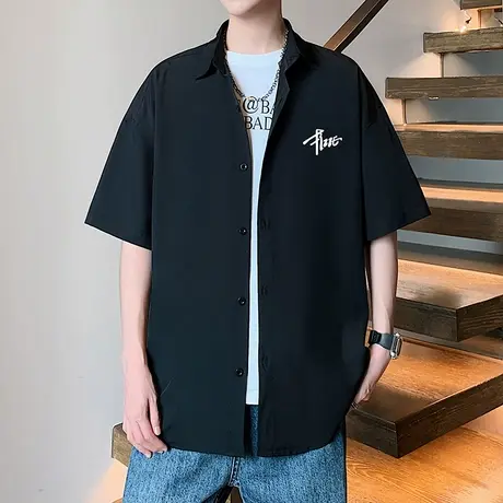 短袖衬衫男夏季2025新款休闲翻领衬衣简约宽松美式潮牌外穿外套潮商品大图