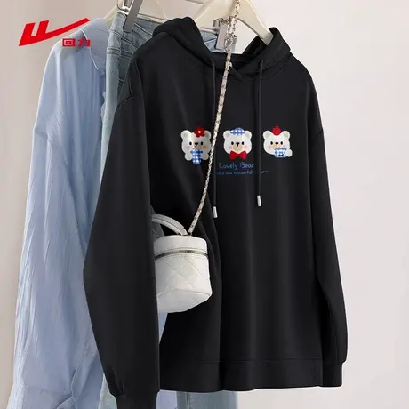 ZH回力黑色圆领卫衣女2025新款秋冬季印花休闲宽松百搭上衣女商品大图