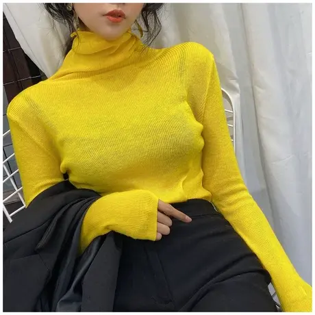 薄款微透慵懒高领针织打底衫女秋冬韩版长袖堆堆领糖果色修身毛衣商品大图