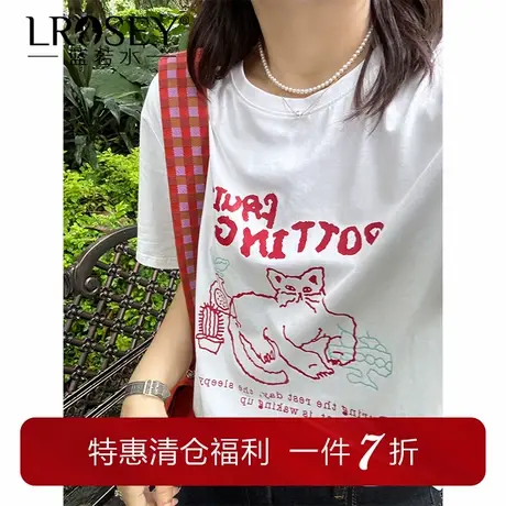 蓝若水大码女装夏季新品正肩T恤胖mm韩版宽松猫咪印花小个子上衣商品大图