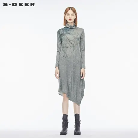 sdeer 😫圣迪奥 😬女装抽象写意印花中高领长袖针织T恤S16480249商品大图