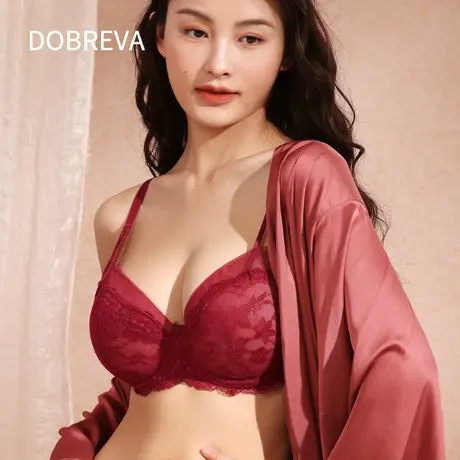 Dobreva红色内衣女本命年套装龙结婚新娘大胸显小胸薄款大码文胸商品大图