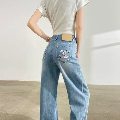 刺绣绣花字母牛仔裤女夏季薄款高腰宽松显瘦垂感百搭直筒阔腿裤子商品大图