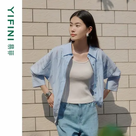 [专柜同款]Yifini/易菲蓝色镂空手工烧花宽松衬衫女外套D04C1013图片