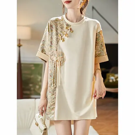 宝诗黎国风盘扣提花拼接短袖2025夏季新中式钉珠宽松休闲T恤上衣图片