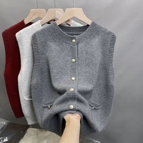 圆领针织马甲女2024秋新款圆领坎肩外搭无袖毛衣开衫叠穿软糯上衣商品大图