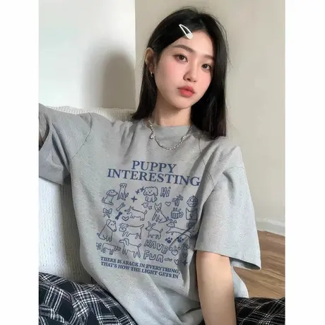 短袖t恤女夏季2025新款灰色半袖宽松纯棉女士百搭漂亮初夏上衣ins商品大图