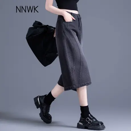 黑灰色高腰六分牛仔短裤女夏薄款2025新款复古宽松直筒中裤阔腿裤图片