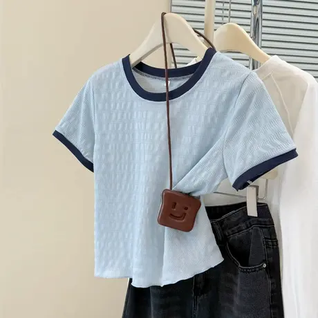 小个子短款正肩T恤短袖女夏季修身韩版打底衫内搭木耳边半袖上衣商品大图