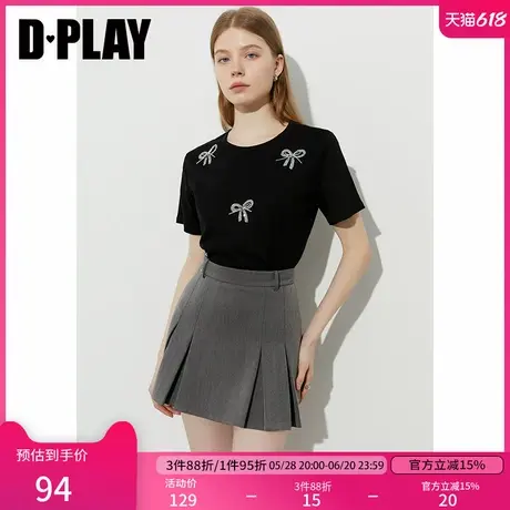 DPLAY【惠品】2025年夏季新款气质黑色t恤女独特蝴蝶结短袖上衣图片