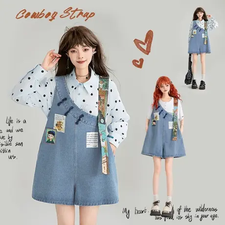 KEIKO 文艺范出游牛仔背带裤女2025春夏设计感宽松减龄阔腿短裤图片