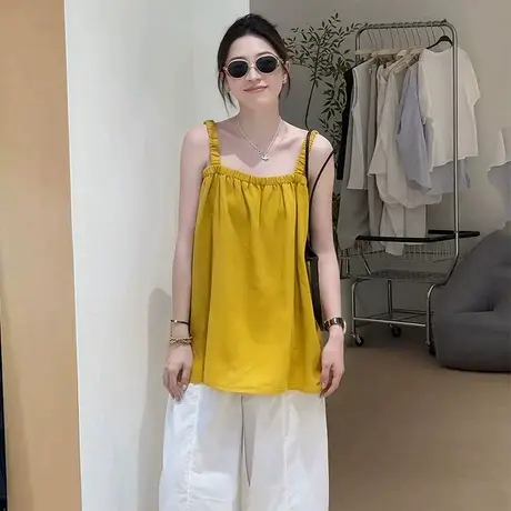 韩系设计感一字肩吊带无袖上衣女2025夏新款松弛感慵懒风背心衬衫图片
