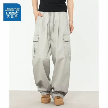 D4真维斯男装纯棉伞兵裤工装裤2025夏季新款时尚宽松抽绳休闲裤男商品大图