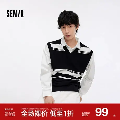森马毛衫男衬衫拼接假两件针织衫2025秋新款学院风条纹套头衫流行图片