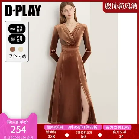 DPLAY冬美拉德复古法式焦糖色V领侧开衩丝绒连衣裙轻礼服商品大图