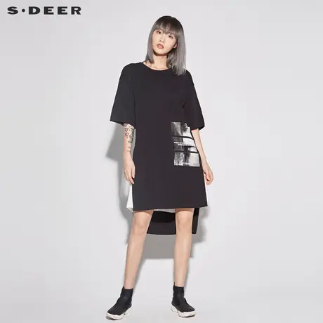 sdeer圣迪奥新款女装夏装套头圆领印胶开衩长款短袖T恤S18280173图片