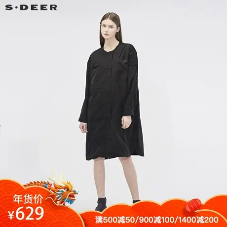 sdeer 圣迪奥2019秋圆领贴袋镂空弧形开衩摆落肩袖风衣S19161811图片