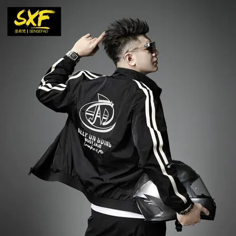 SXF圣希梵夹克外套男 薄款2024春季新款条纹刺绣机车美式男士上衣商品大图