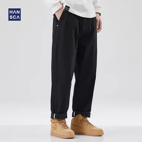 hansca纯棉休闲裤男宽松大码青少年春季潮流百搭黑色直筒工装裤子商品大图