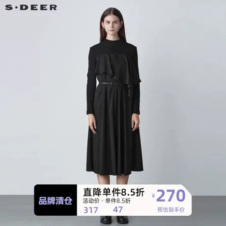 sdeer圣迪奥女装半高领拼接收腰不规则连衣裙S221Z1282图片