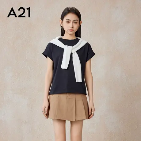 A21女装圆领落肩短袖T恤女士早春季新款时尚休闲显瘦显瘦运动上衣商品大图