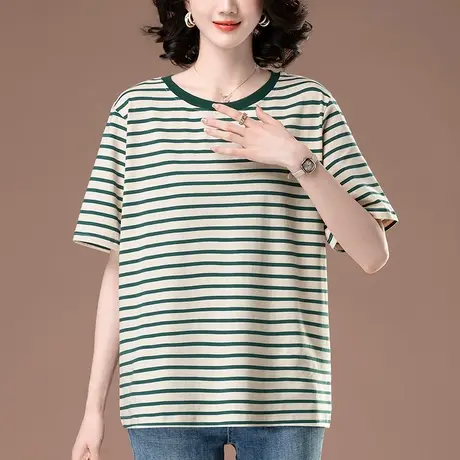 短袖t恤女夏季新款加大码女装宽松中年妈妈纯棉条纹显瘦半袖体恤图片