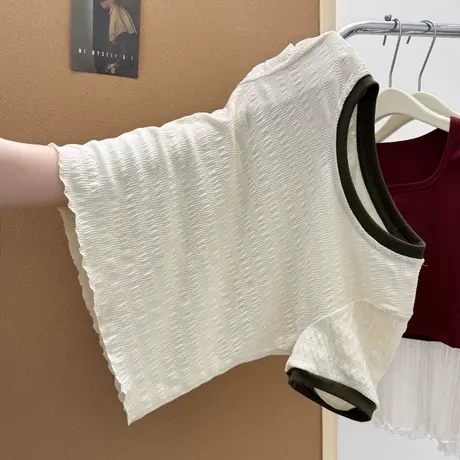 正肩肌理感短袖T恤女夏季修身打底衫韩版内搭外穿短款撞色上衣潮商品大图