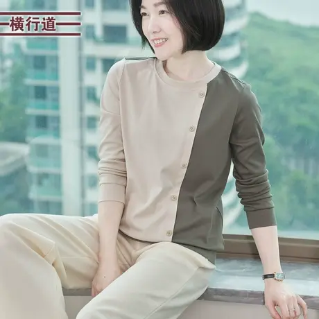 休闲宽松拼接撞色不规则圆领上衣体恤秋衣长袖打底衫春季女装新款商品大图