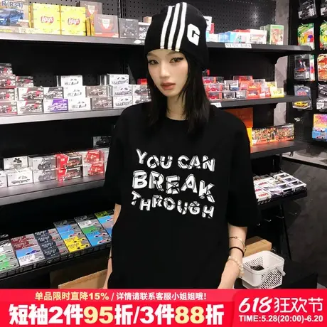 oversize大版显瘦黑色短袖t恤女美式街头潮牌设计感重磅半袖上衣商品大图