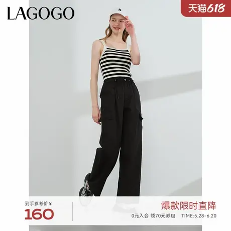 LAGOGO高级感黑色阔腿休闲裤女拉谷谷夏季新款高腰垂顺显瘦工装裤商品大图