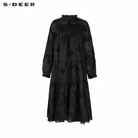 sdeer圣迪奥女装木耳边圆领绣花碎褶复古连衣裙S243Z12C6商品大图