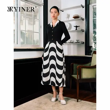 YINER音儿秋季桑蚕丝法式优雅撞色黑白波浪小A字气质连衣裙商品大图