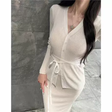 现货 秋新款东大门系带V领长袖薄款开衫针织小衫外搭图片