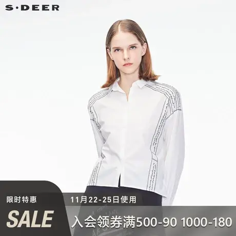 sdeer圣迪奥冬装翻领趣味撞色绣花前短后长白色长袖T恤S18480551🎧商品大图