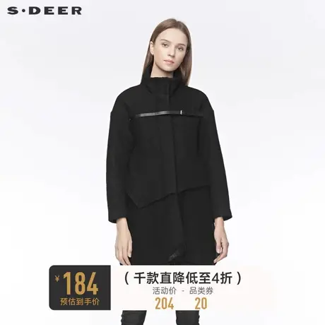 sdeer圣迪奥冬款时尚高领搭袢拼接开衩不规则纯黑大衣女S19481762😅商品大图