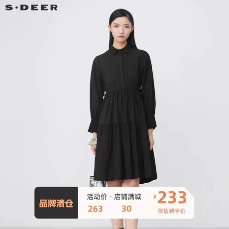 sdeer圣迪奥女装休闲翻领抽褶收腰黑色衬衫连衣裙S21461219图片