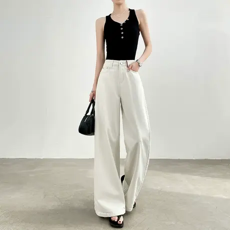 米杏色天丝莱赛尔阔腿牛仔裤女夏季薄款宽松高腰显瘦直筒拖地裤子商品大图