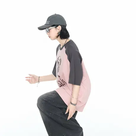 美式复古撞色卡通创意印花短袖T恤女2025夏季新款宽松情侣款上衣商品大图