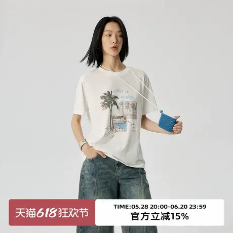 omont蛋挞家 复古印花短袖T恤女夏季新白色宽松休闲半袖上衣商品大图