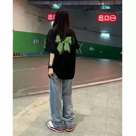 黑色短袖女夏2025新款大版宽松t恤潮牌纯棉高端中长款遮屁股上衣图片