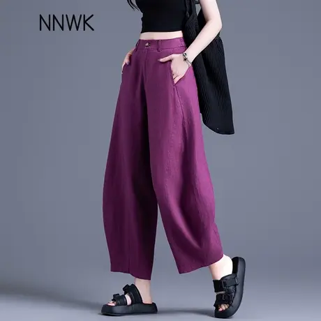 高级感纯亚麻九分裤女夏薄款2025新款宽松休闲女裤八分阔腿灯笼裤图片